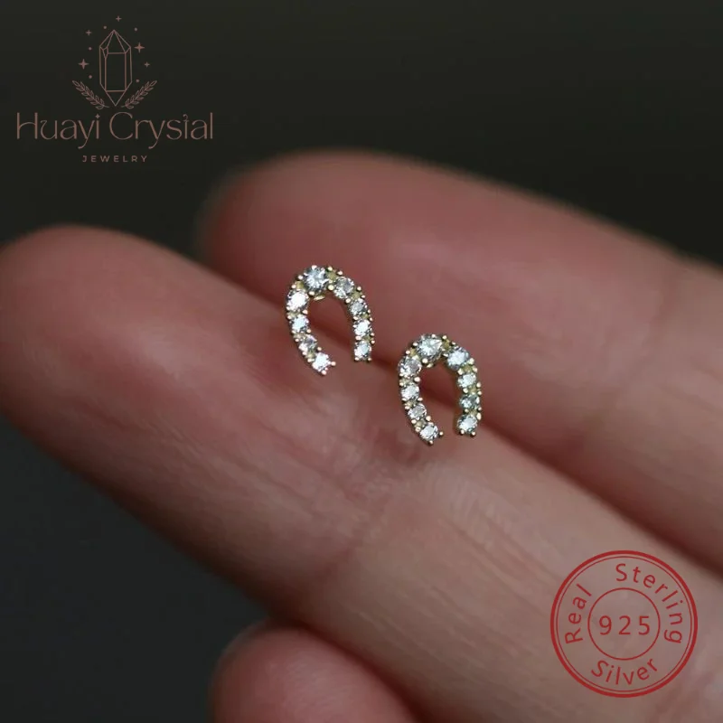 Pure 9k gold ear-ring clip full diamond micro inlaid zircon lucky horseshoe U-shaped South Korea daily au375 earrings