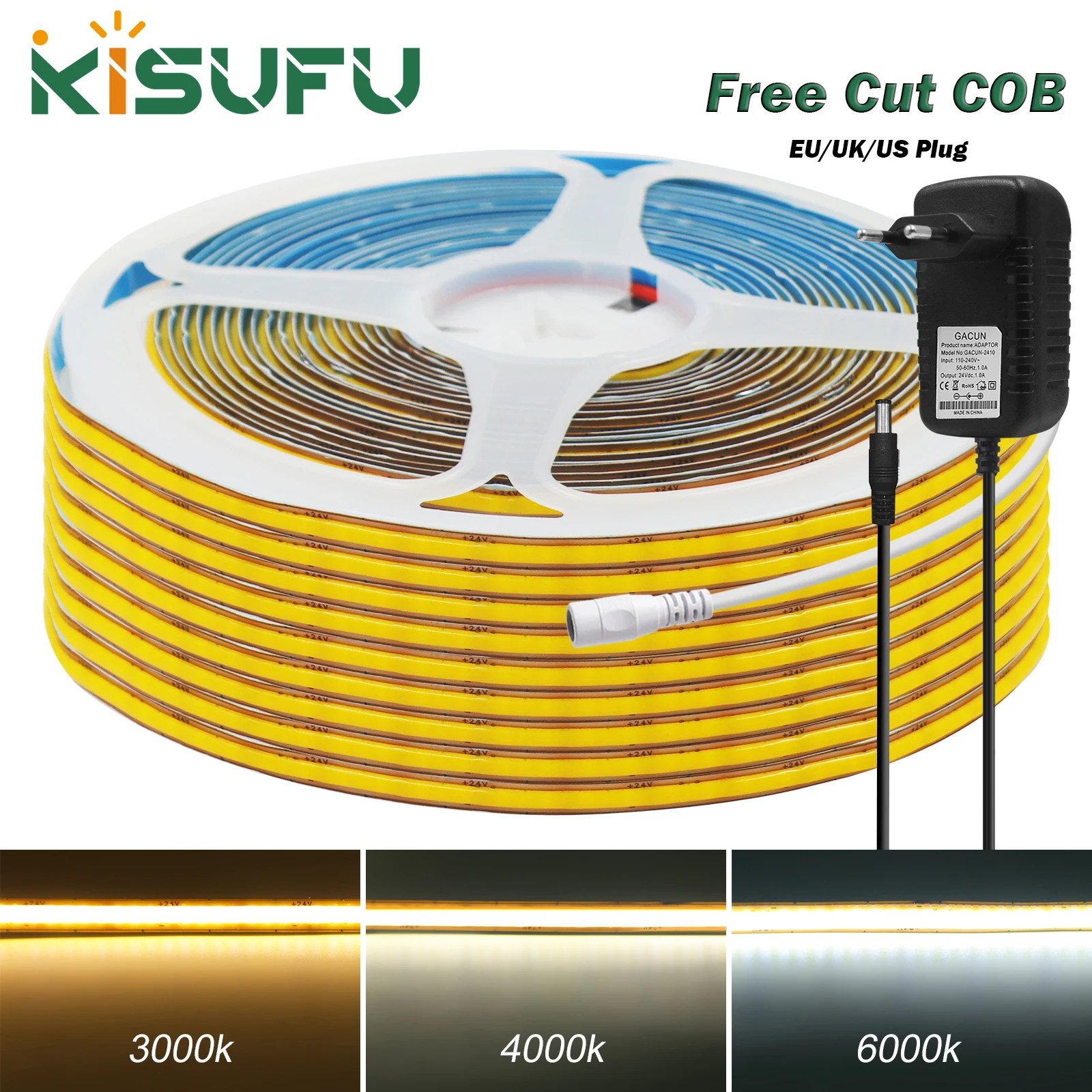 

DC 12V 24V Free-Cut FCOB LED Strip 400LEDs/M EU/UK/US Plug 2M 3M 5M 10M High Density Flex Ribbon Strip Light Car Home DIY Decor