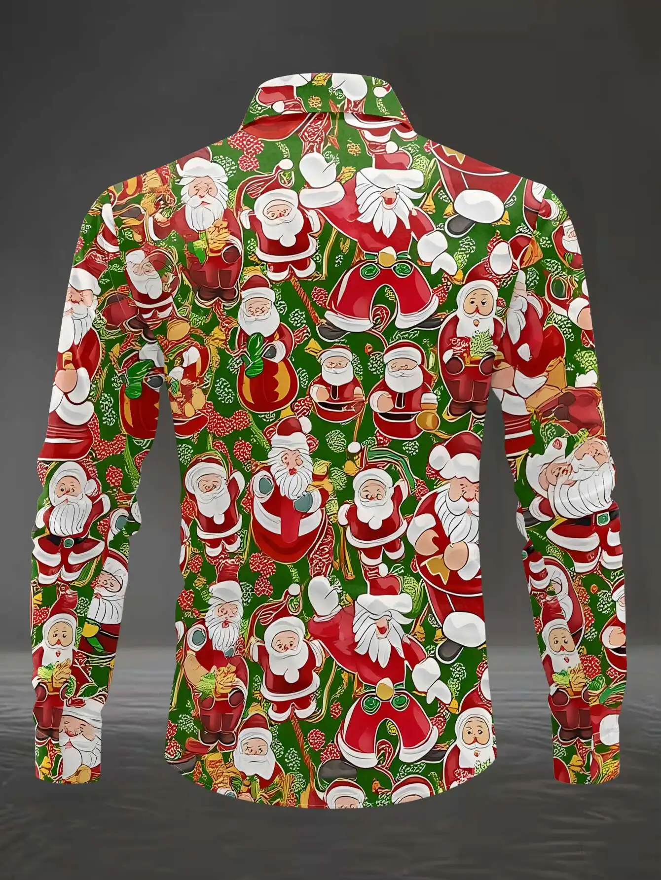 Men Christmas Long Sleeve Shirt Multi Santa Figure Print Lapel Button Up Holiday Party Dress