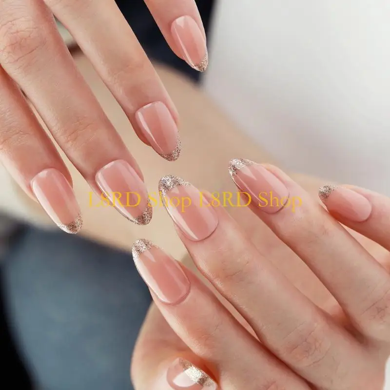 L8rd 24 piezas forma almendra uñas artificiales francesas con acabado brillo para uña falsa en uña cómoda y fácil