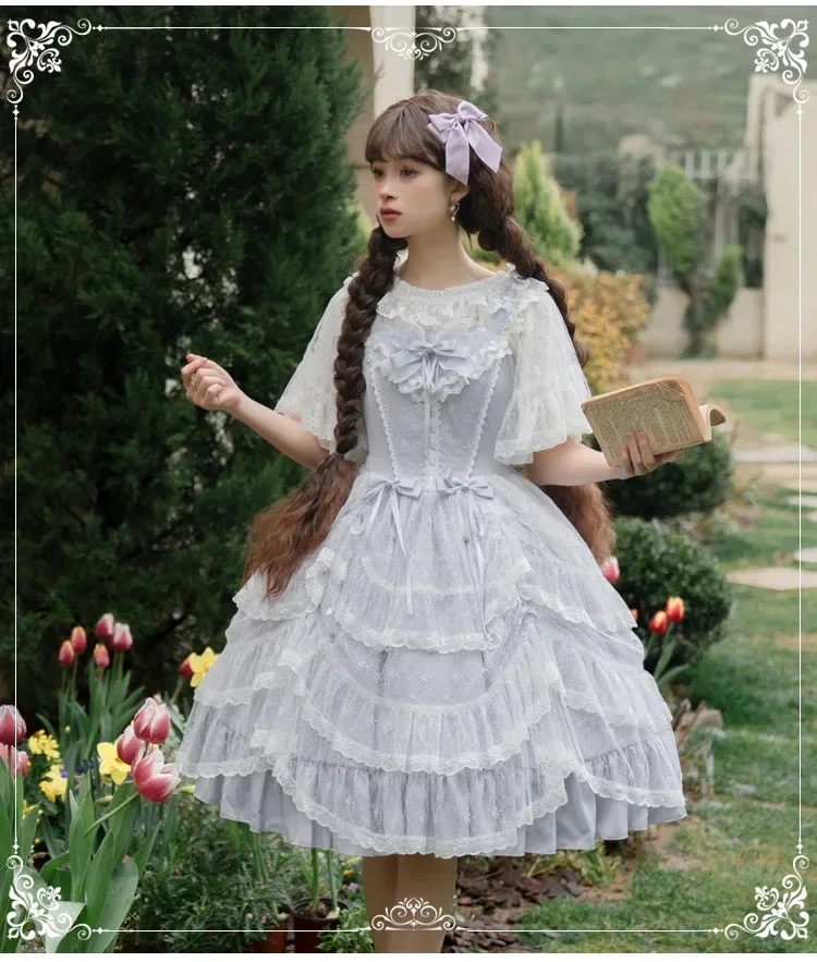 Retro Stijl Lolita Jsk Jurk Elegante Prinses Ruches Midi Jurk W. Veterbedekking Door Yomi ~ Irissen In Bloei