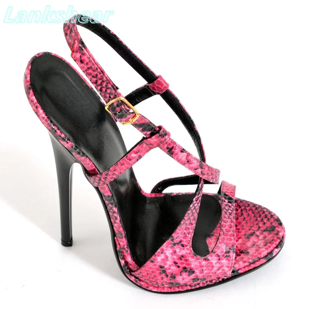 

Imitation Snake Pink Sandals Round Open Toe Ankle Strap Gold Buckle Super Thin High Heel Cross Strap Sexy Women Shoes Luxury