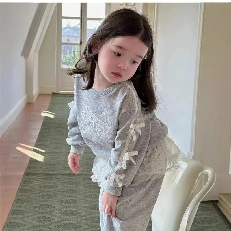 

Korean Bow Pullover Hoodie Wide Leg Pant Two Piece Set Girls Versatile Set 2025 Spring New Children