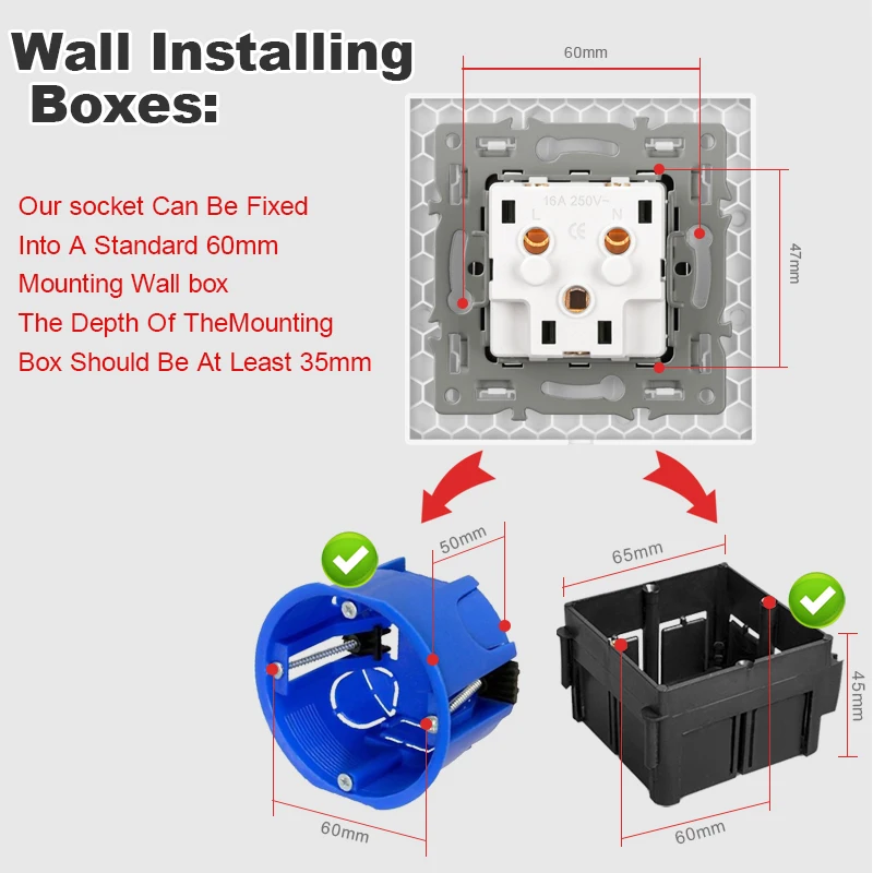 EU, Russia, Spain, German standard 16A wall socket, tempered glass crystal panel, tri color power socket, home decoration