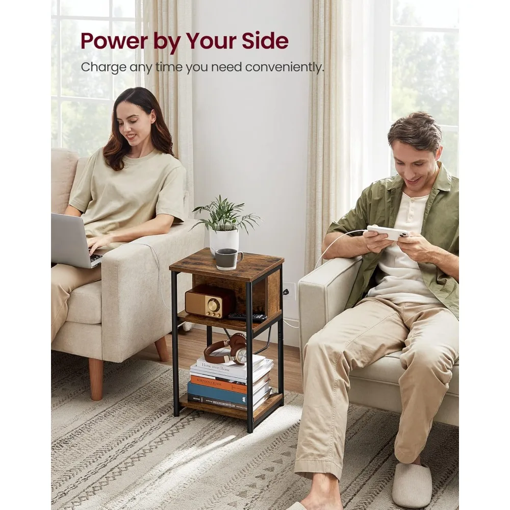 Side table with charging station, 3-tier side table with USB port and outlet, nightstands in living room and bedroom