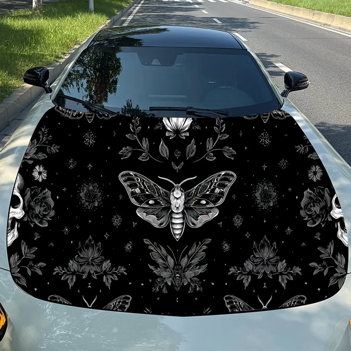 

Car Decal Moth and Floral Motifs in Monochrome Artistic Background with Ornamental Details & Gothic-Whimsical Visual Details Car