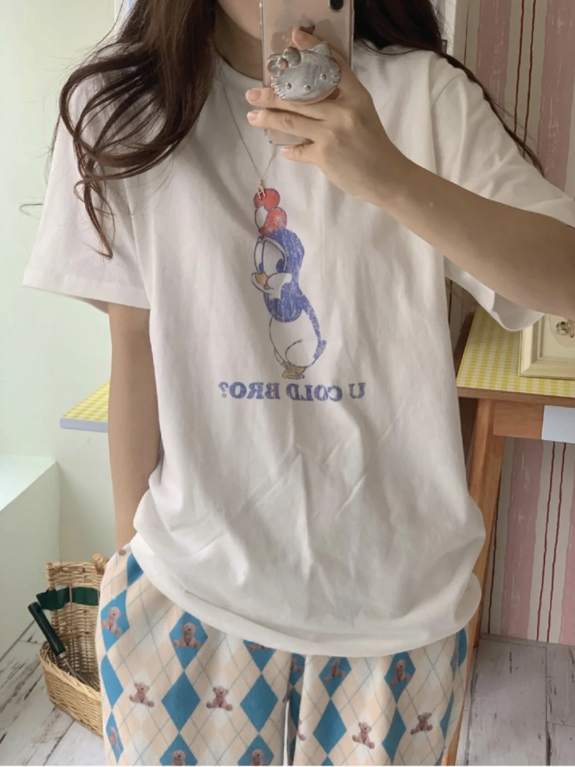 Fanhua Penguin Summer Cute Print Loose Cotton round Neck Short Sleeve T-Shirt Korean Style Couple Matching Casual Top