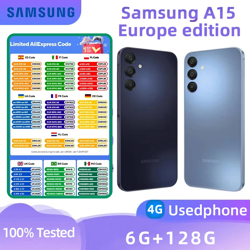 Samsung Galaxy A15 4g Europe Smartphone Helio G99 6.5-inches Screen 6RAM 128GB Android Original Used Phone