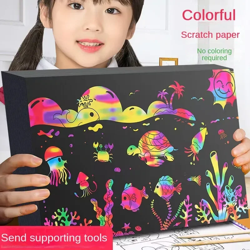 New 100Pcs Children DIY Colorful Scratching Paintings Art Scratching Book Graffiti Fun Painting Scratching Paper Drawing Toys