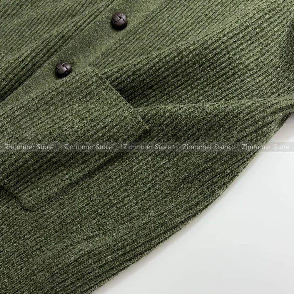 Women\'s 24 Minimalist Niche V-Neck Shawl Collar Ribbed Wool Cashmere Blend Dark Green Knitted Cardigan Sweater