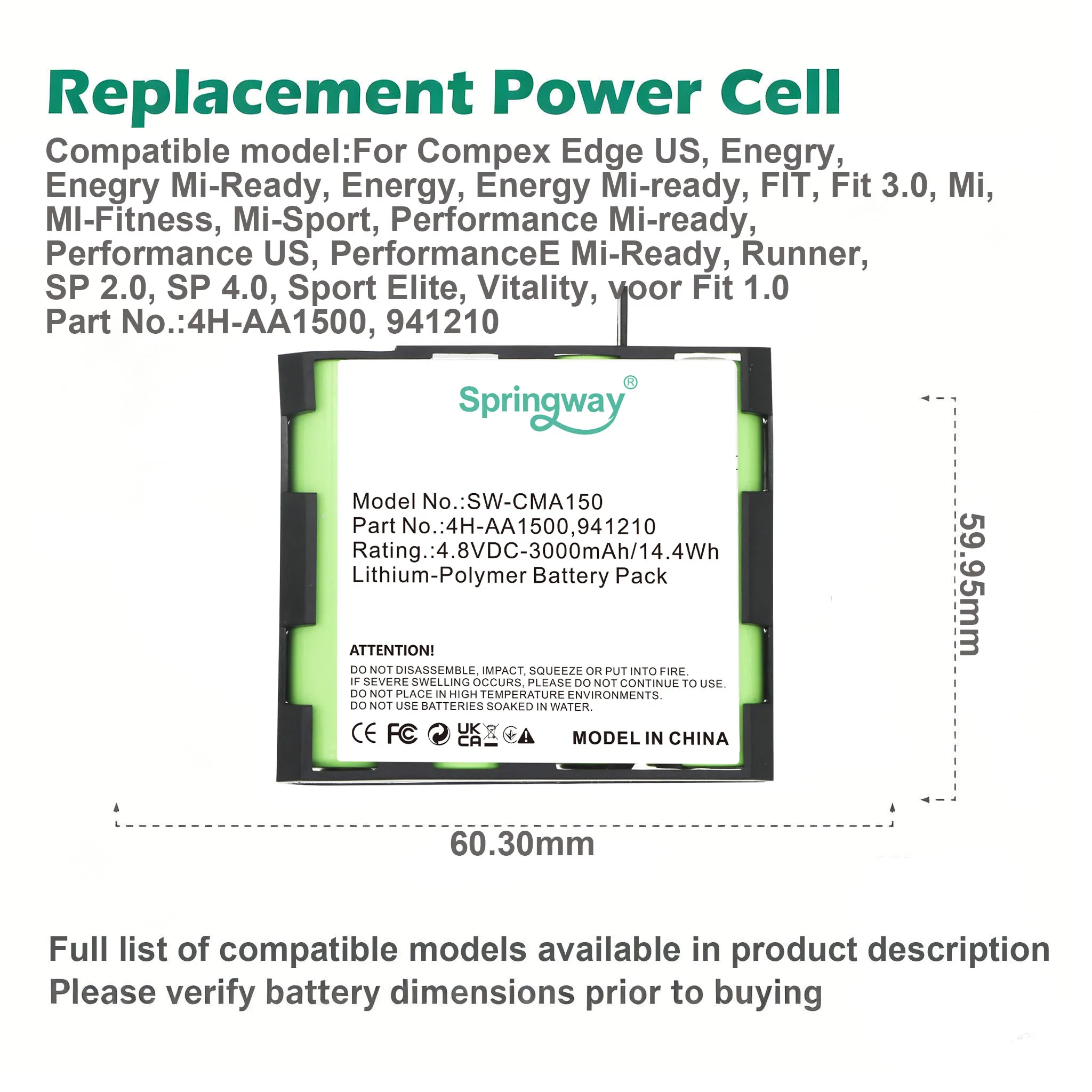 3000mAh Medical Battery Compex 4H-AA1500 941210 Phyiso Rehab Theta Mi-Sport MI-Fitness Runner Long-Lasting Medical Grade Power