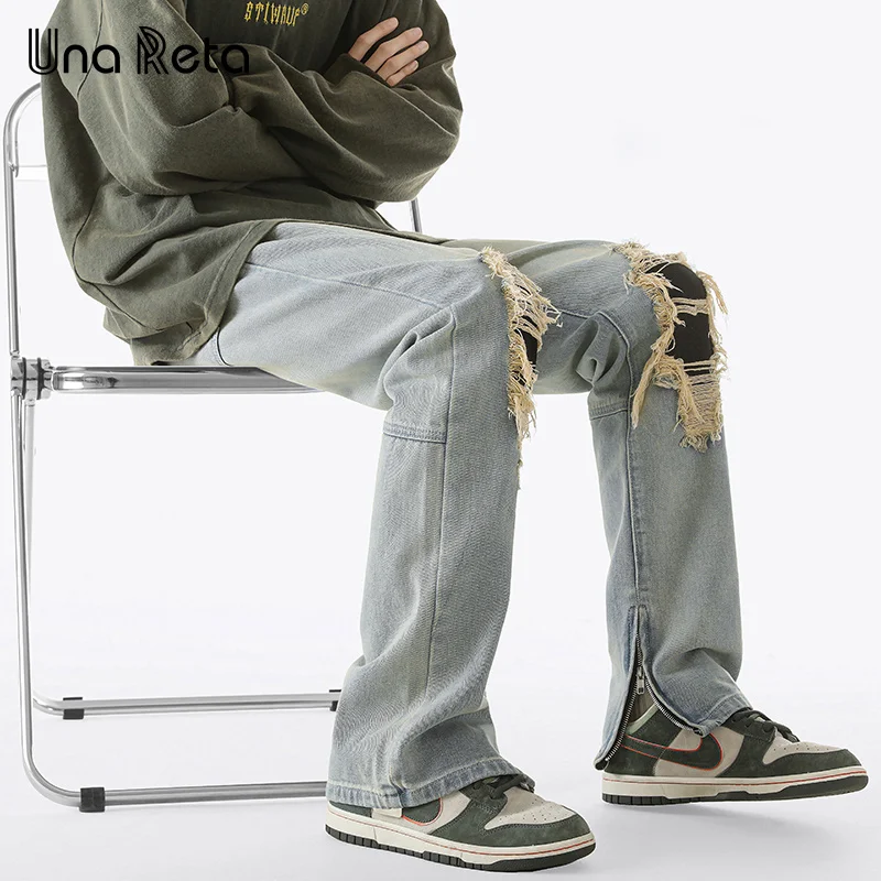 Una Reta-pantalones vaqueros rasgados para hombre, ropa de calle de Hip Hop, diseño con cremallera lateral, Harajuku, otoño