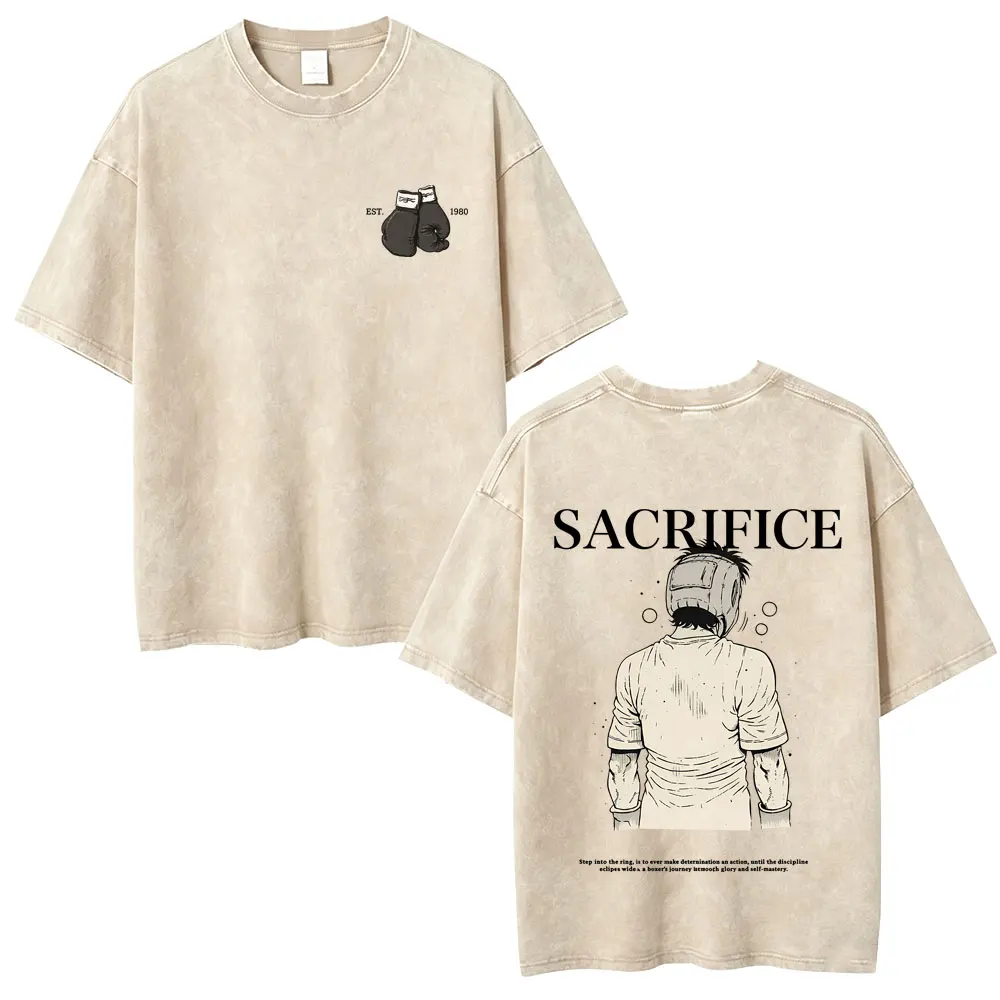 Anime Hajime No Ippo Vintage Washed T-shirt Makunouchi Takamura KGB T Shirt Kamogawa Boxing Gym Tshirt Men Oversized Streetwear