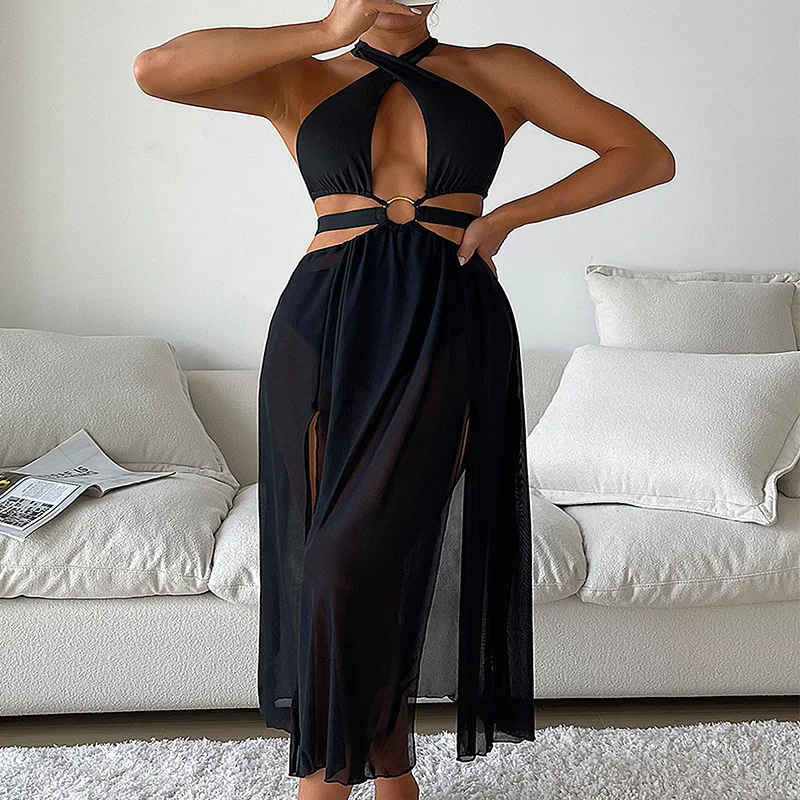

2025 New European and American One-piece Swimsuit Women's Split Ends Sexy Beach Skirt Long Blouse Swimsuit Bathing Suit Women