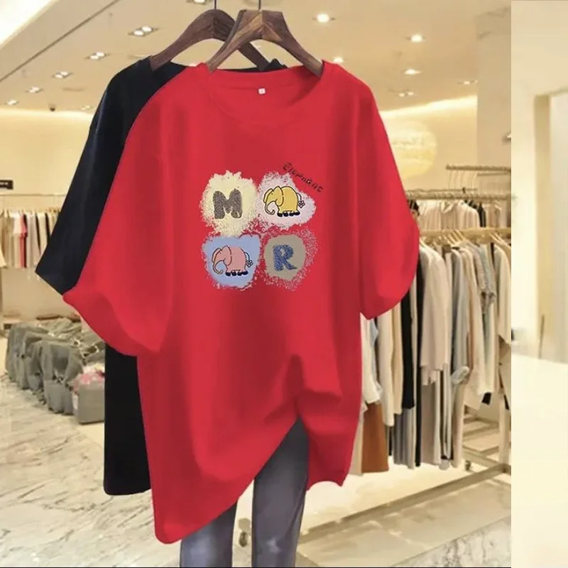 Women's Clothing Loose Cotton T-shirt Spring/Summer Cartoon Short Sleeve Casual Tees Lady Basic Versatile O-neck Large Size Tops