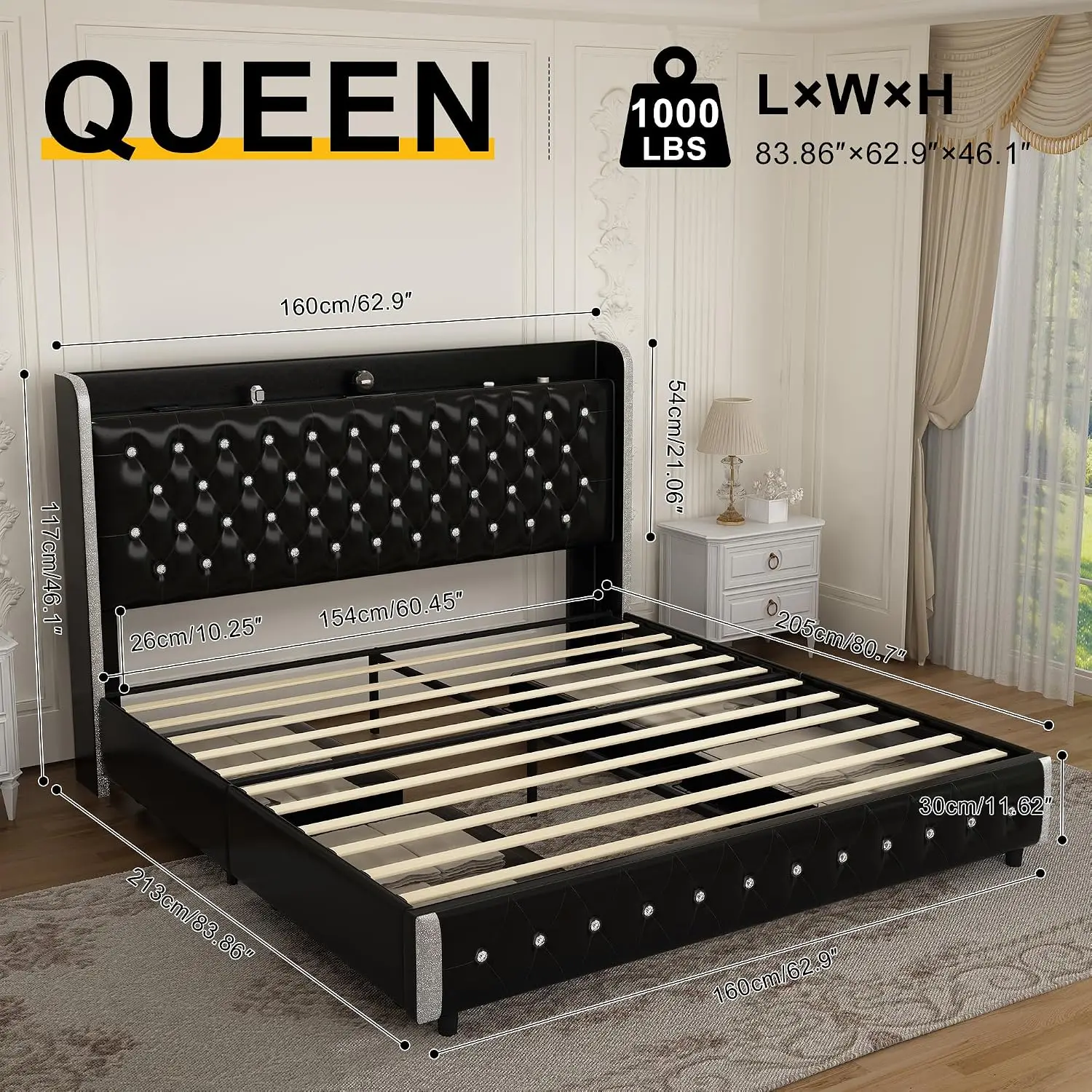 Wingback Queen Bed Frame with LED Lights, 4 Drawers, USB Ports, Noise-Free Slats, No Box Spring, PU Black, Customized