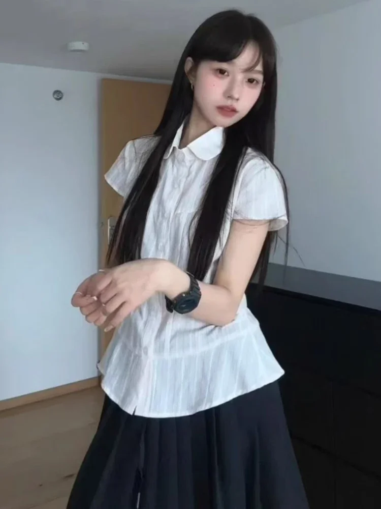 

Y2k Эстетическая милая женская блузка с отложным воротником, винтажная однобортная блузка в консервативном стиле, летние облегающие топы в стиле гранж