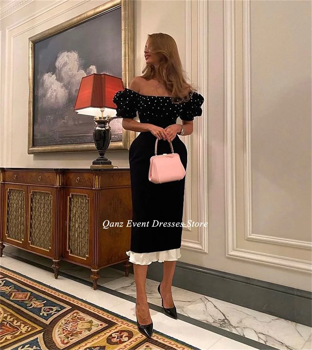 Qanz Vintage Velour Prom Dress Short Sleeves Mermaid Tea Length Evening Dresses For Women 2023 Party Dress Women Customized image 2