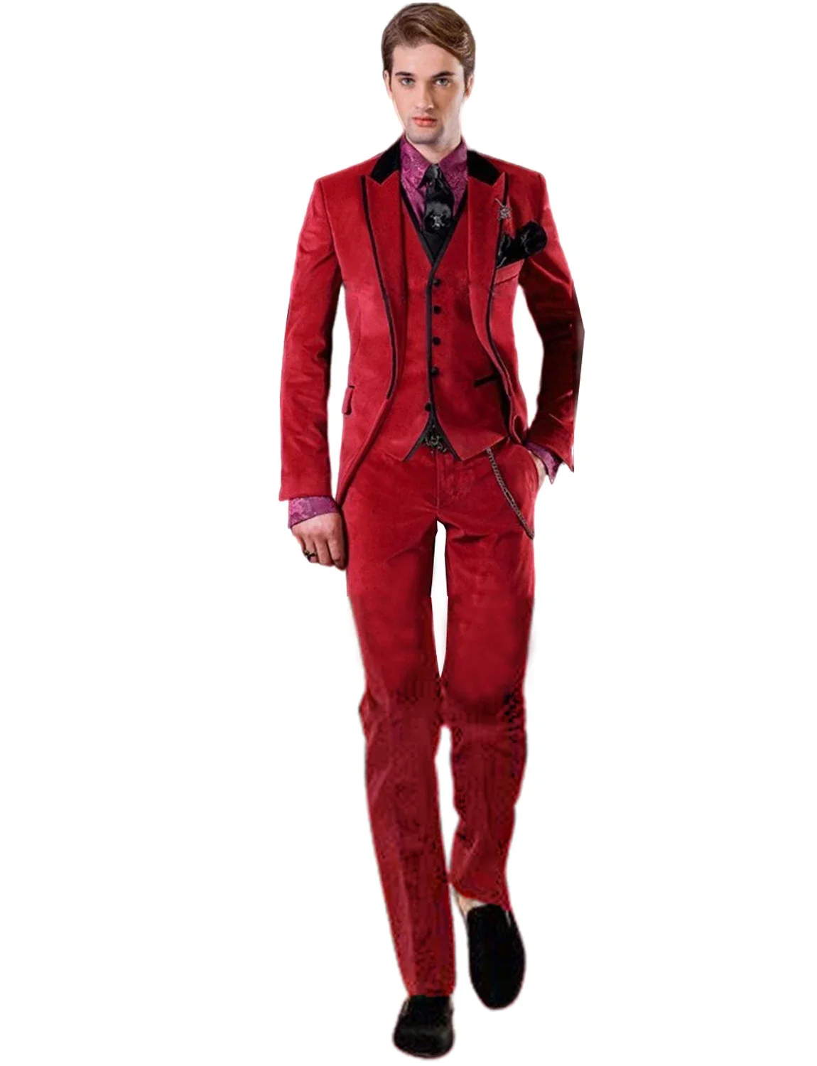 Men\'s Red Velvet Three Pieces Suit Tuxedos Single Breasted Jacket Vest Pants Wedding Prom Banquet Busienss Tuxedos