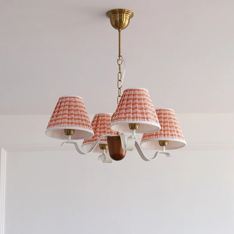 Lampadario da camera da letto studio retrò americano, lampada principale da soggiorno in legno massello con stampa in tessuto di design