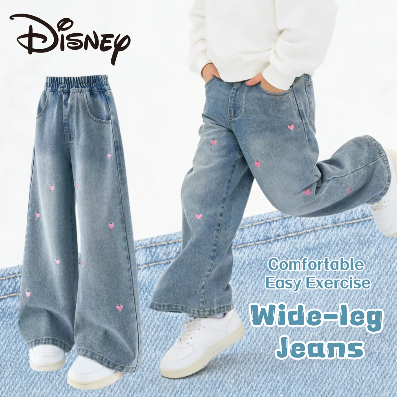 

Disney Girls Pink Heart Embroidery Decor Boot-cut Jeans Spring Autumn Stylish Windproof Denim Pants Kids Trendy Light Blue Jeans