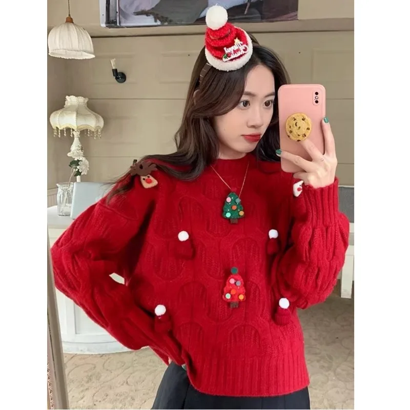 

Комплект небольшого пуловера в стиле аромата, красный свитер для женщин, осенне-зимний теплый короткий и толстый рождественский топ, вязаный свитер
