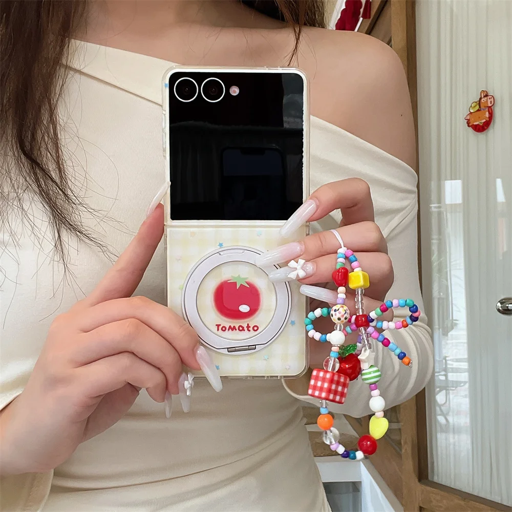 

Korean Plaid Tomato With Rotate Stand Phone case for Samsung Galaxy Z Flip6 7 7FE Flip5 6 7 Flip7 Cover With Chain Cute Cases