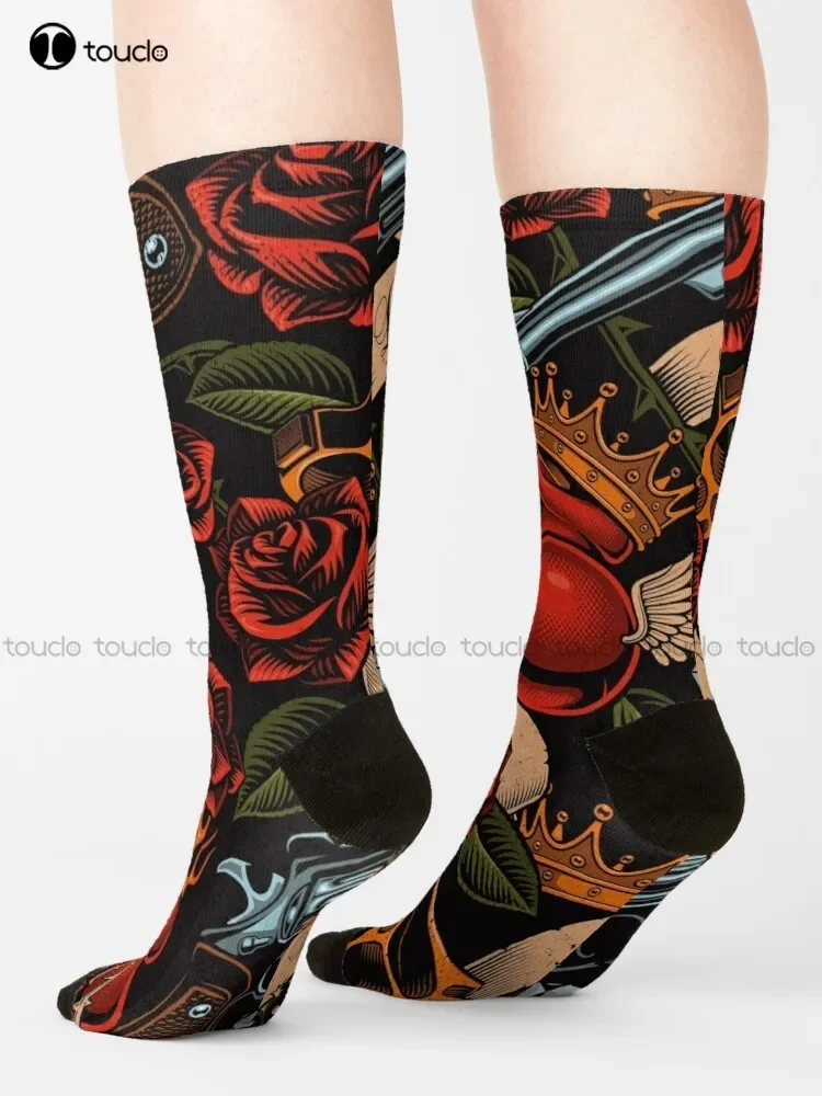 Old School Tattoo Socks Mens White Socks Christmas Gift Unisex Adult Teen Youth Socks Custom 360° Digital Print Women Men