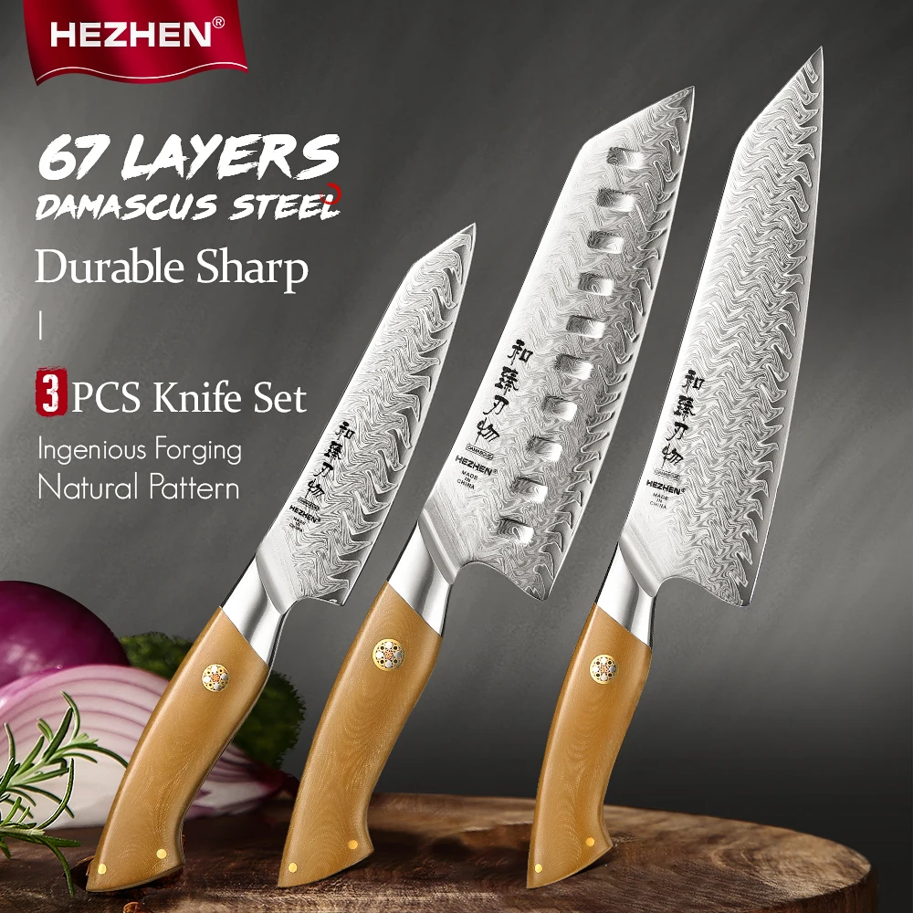 

HEZHEN 3-Piece Knife Set - 67-Layer Damascus Steel Chef, Santoku & Utility Knives with Linen Micarta Handles for Kitchen