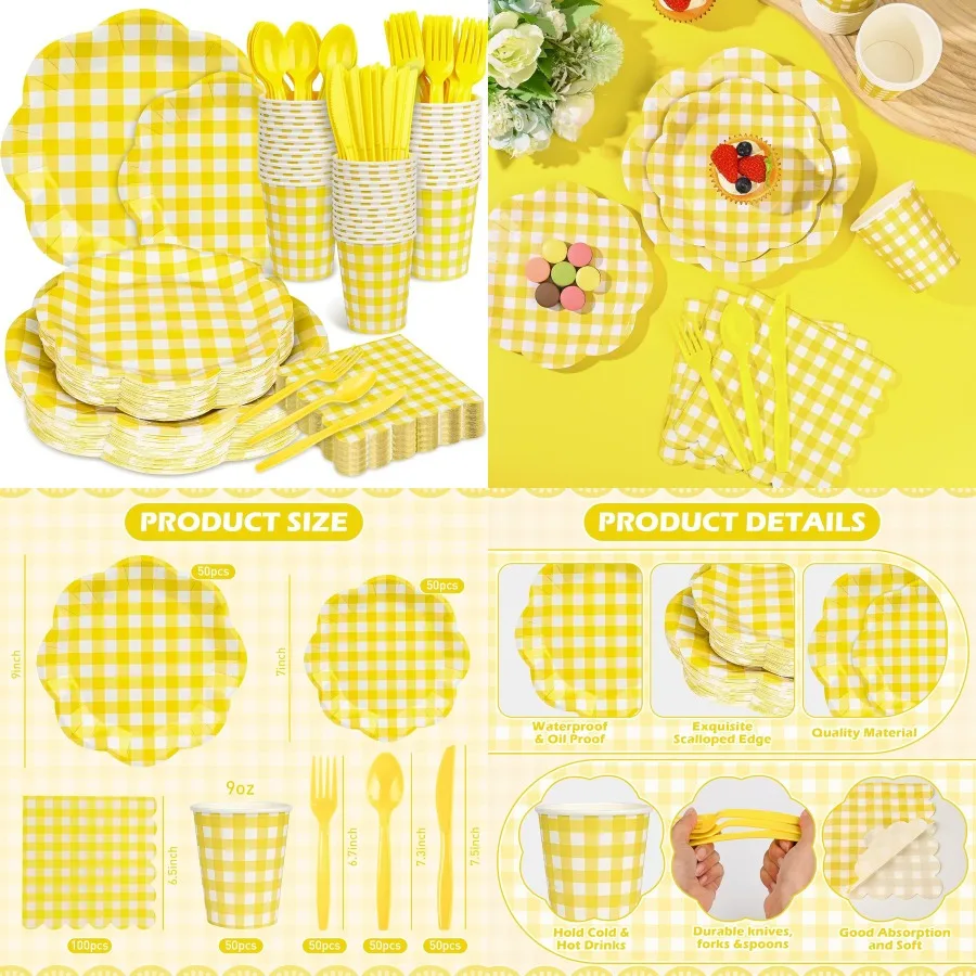

400 Pcs Gingham Party Supplies for 50 Guests Yellow and White Scalloped Paper Plates and Napkins Knives Spoon Fork Cup Disposab