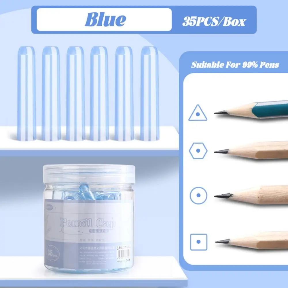 35PCS/Box Creative Plastic Pencil Cap Solid Color Transparent Pencil Extender Pencil Nib Protective Cover Gift