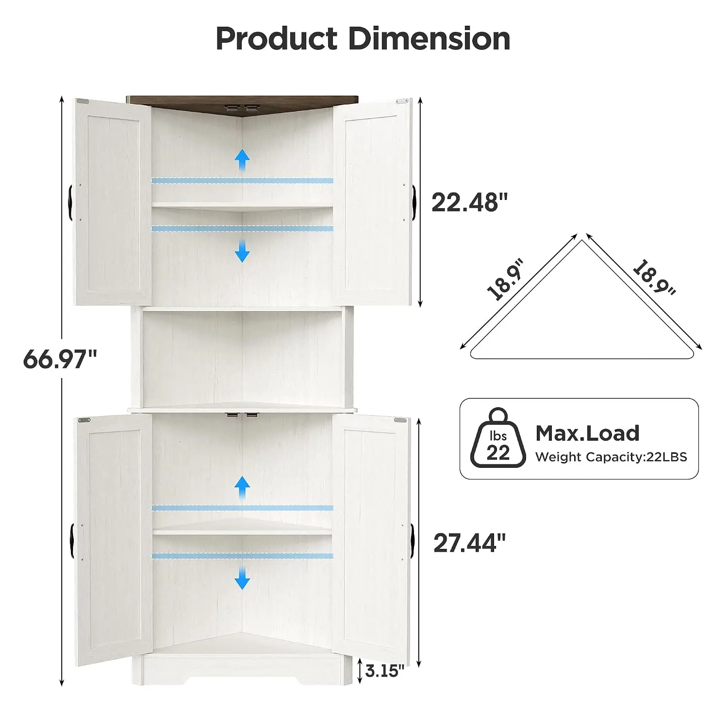 67 Inch Antique White Corner Cabinet, Farmhouse Storage Cupboard with 4 Doors and Adjustable Shelves for Bathroom Kitchen