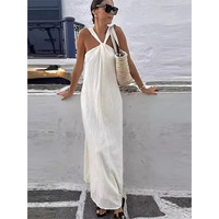 2025 Spring Women's High Street Sexy White Off-the-shoulder Halter Pleated Floor-length Dress Fashion Sleeveless Loose Dress