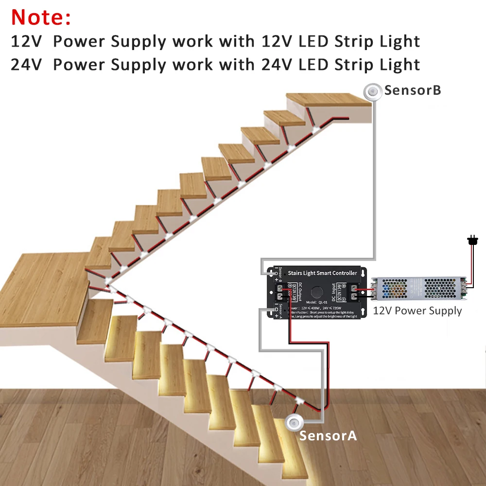 Automatic Stairs Lighting Controller 12V COB LED Strip Backlight for Staircase with Motion Sensor Switch 20s-80s Timer Delay OFF