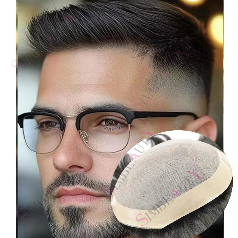 أسود شقراء الرجال الشعر المستعار الاصطناعية الشعر البشري الطبيعي أحادية و الدانتيل قاعدة دائم عقدة مزدوجة الذكور خصلات الشعر المستعار وحدة نظام استبدال #1