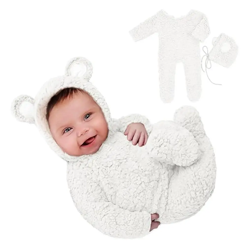 

Creative Newborn Photography Props Bear Design Soft Knit Newborn Bear Bonnet and Pajama Set Footed Romper Plush