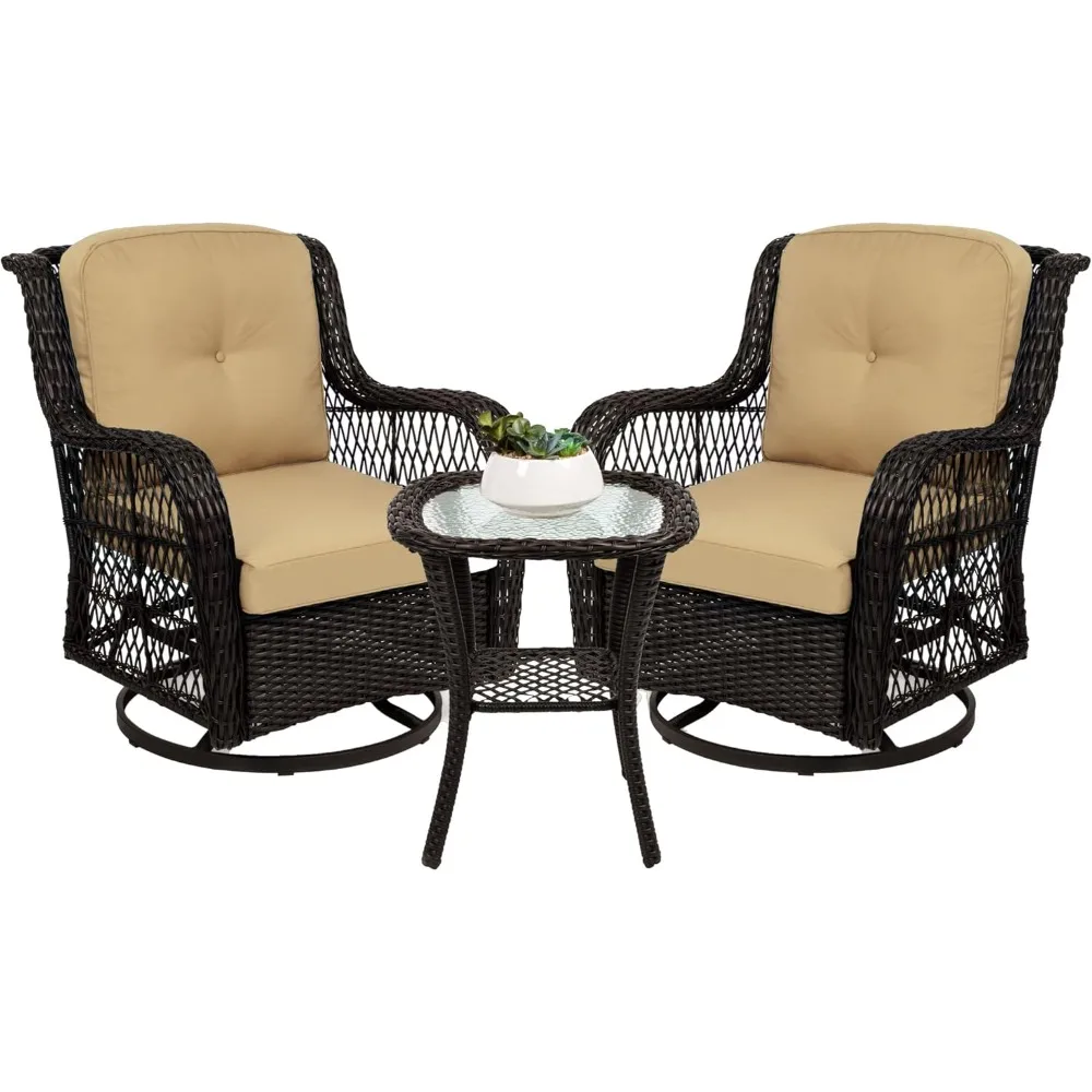 

3-Piece Outdoor Wicker Patio Bistro Set w/ 2 360-Degree Swivel Rocking Chairs and Tempered Glass Top Side Table - Beige