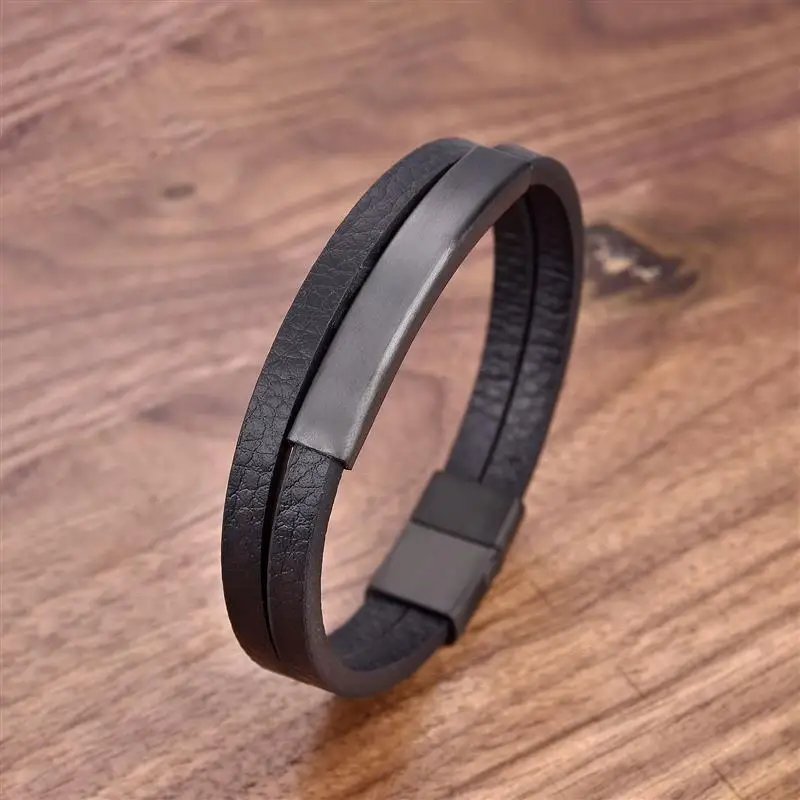 2022 New Simple Style Men\'s Black Genuine Leather Bracelet Classic Stainless Steel Insert Double-layer Braid Bangles For Men