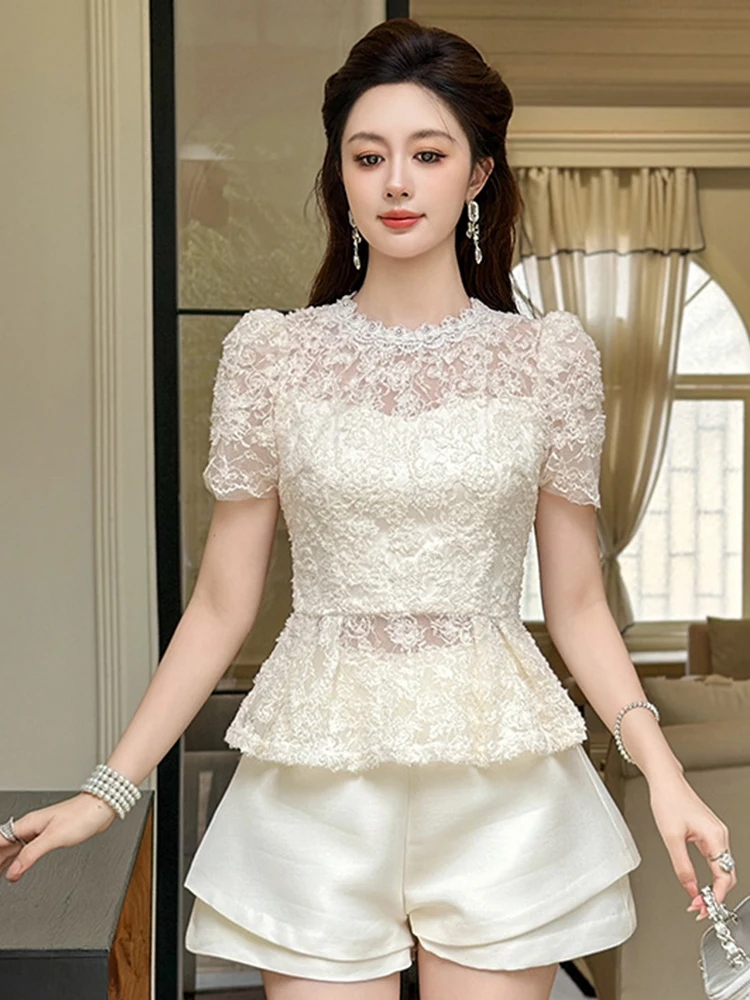 

Элегантные сексуальные прозрачные кружевные топы с баской, женские прозрачные оборки с короткими рукавами, вечерняя блузка, женская футболка для свиданий, ночного клуба