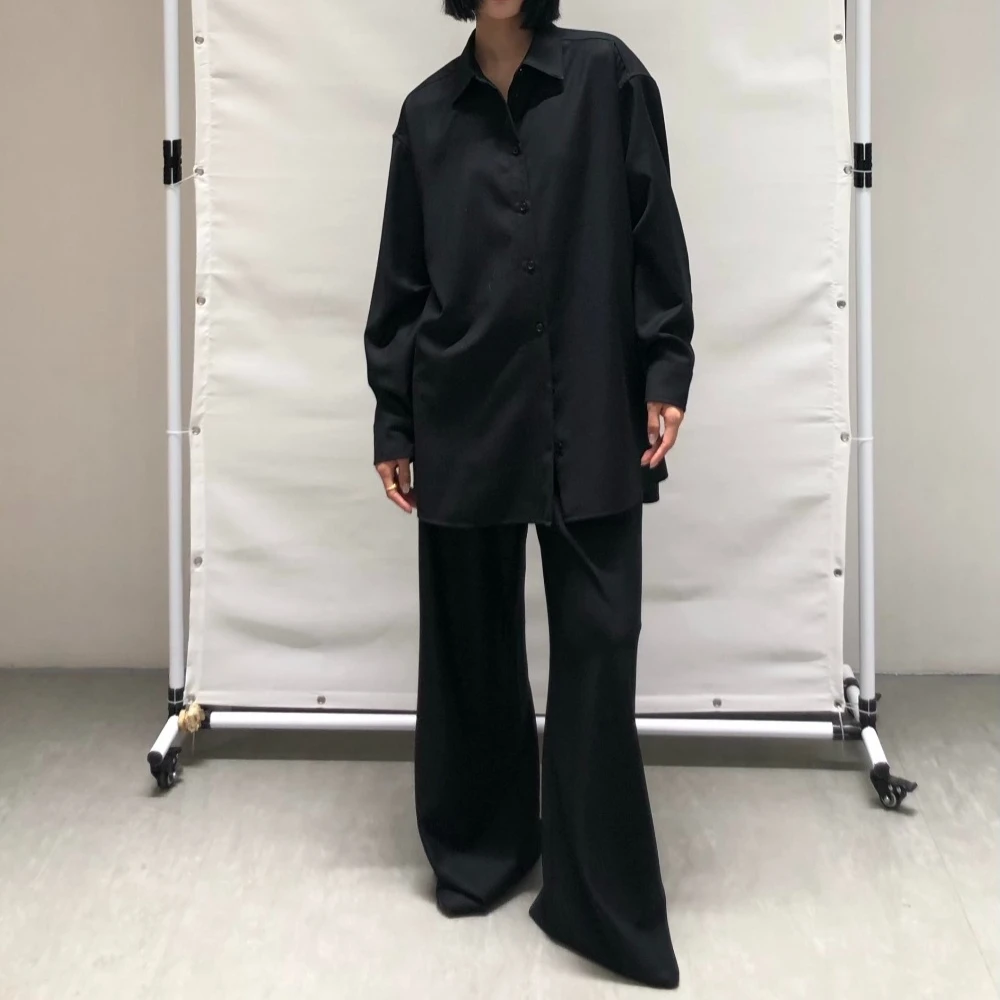 

Осенне-зимняя камвольная рубашка из чистой шерсти, свободная универсальная утягивающая черная шерстяная рубашка средней длины для женщин