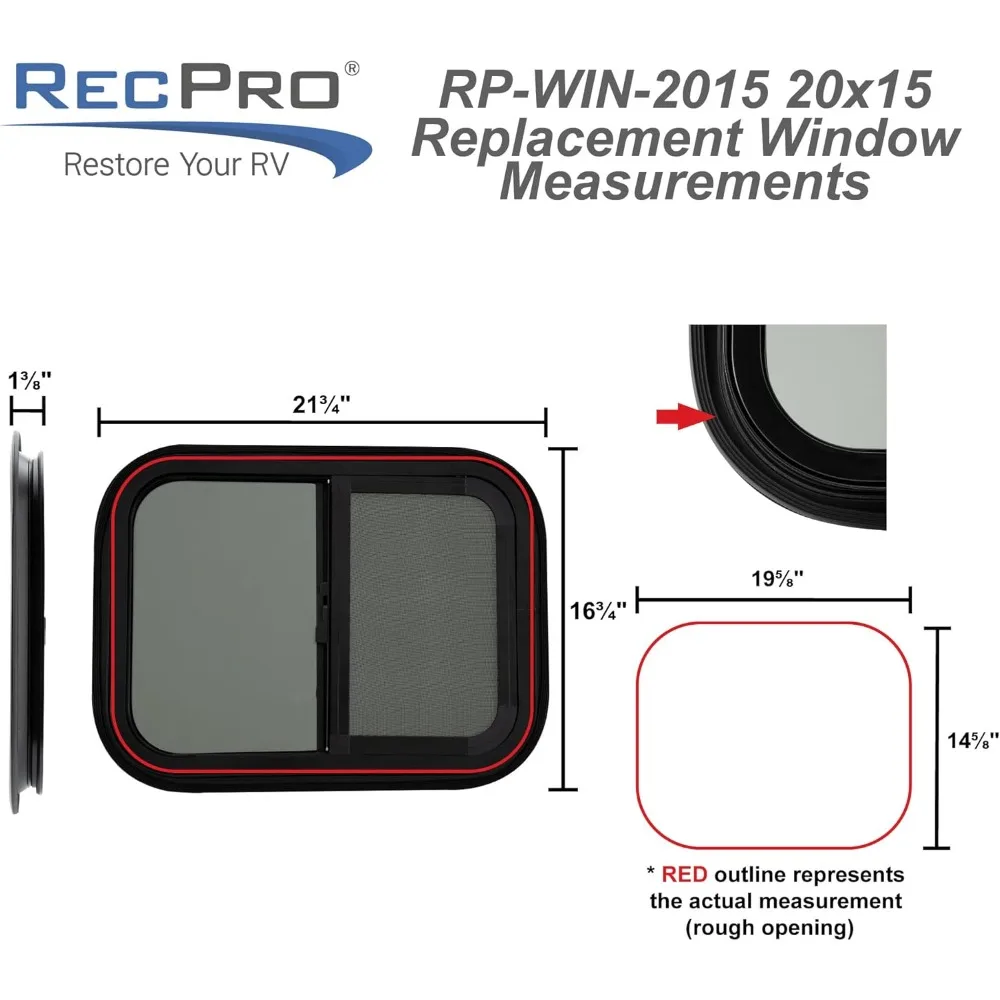استبدال نافذة RV ذات الشريحة الأفقية، 20 عرضًا × 15 مرتفعًا، نمط دمعة، يتضمن زخارف 1.5 لنفذين #3