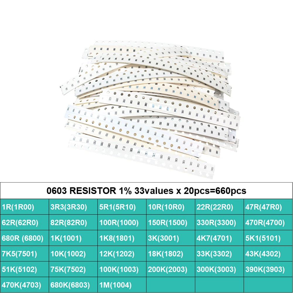 660PCS/lot 0603 0805 1206 SMD Resistor Assorted Kit 1% 33Values Each 20pcs 1R-1M Resistance Set 10K 100K 1K 100R