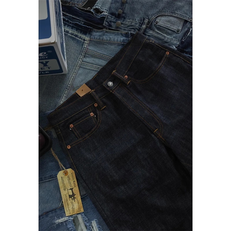 BOB DONG 15oz Selvedge Denim Jeans Mid High Waist Straight Mens Pants Button Fly