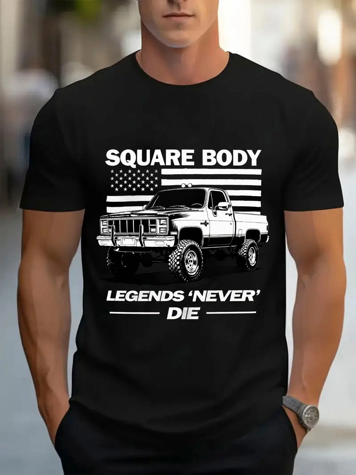 Pure Men'S Fashion Black T-Shirt, Featuring a Square Cut Design, with a Striking White Pickup Truck Pattern on The Chest, a Unique American Flag Background, And The Words 