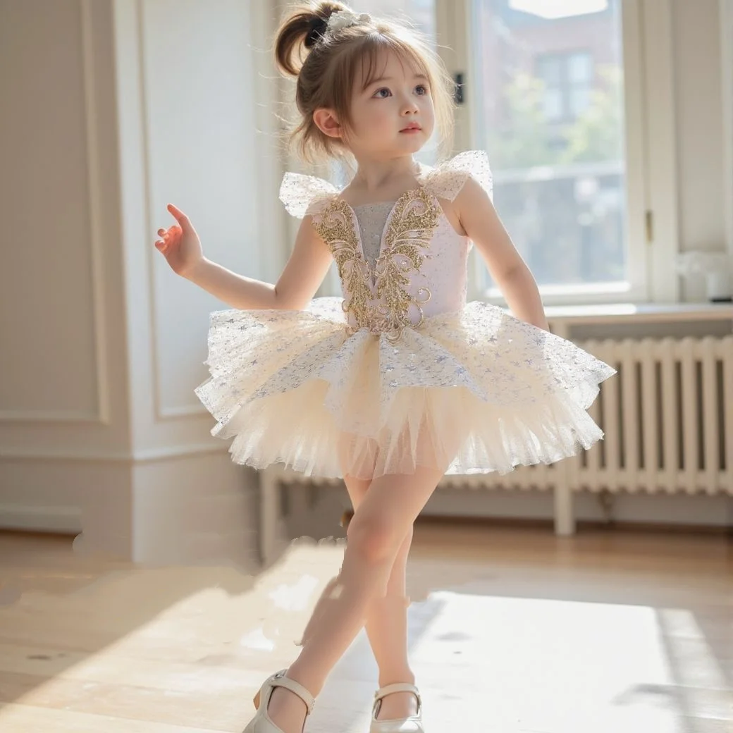 

Романтическое детское балетное платье-пачка, танцевальная юбка для девочек, балетная юбка с золотыми пайетками, балетная одежда для выступлений, длинное платье принцессы