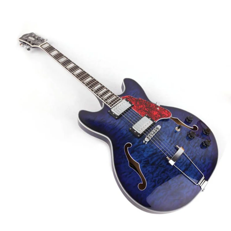 Double F hole quilted maple veneer electric jazz guitar transparent blue color fixed bridge semi hollow body