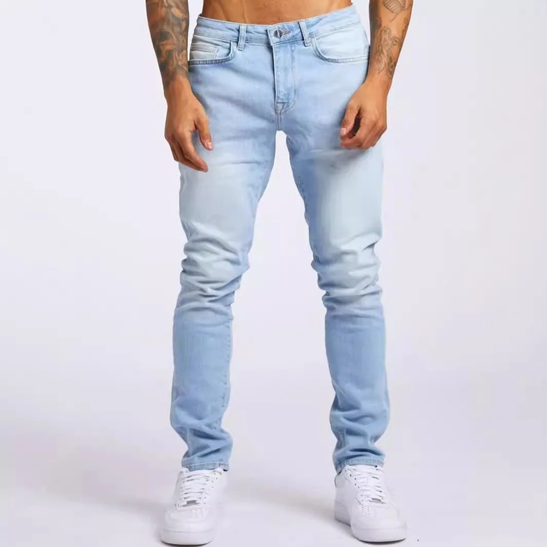 Casual Men's New Slim-Fit Straight Denim Pants Breathable Mid Waist Casual Jeans with Distressed Wash for Summer Trends