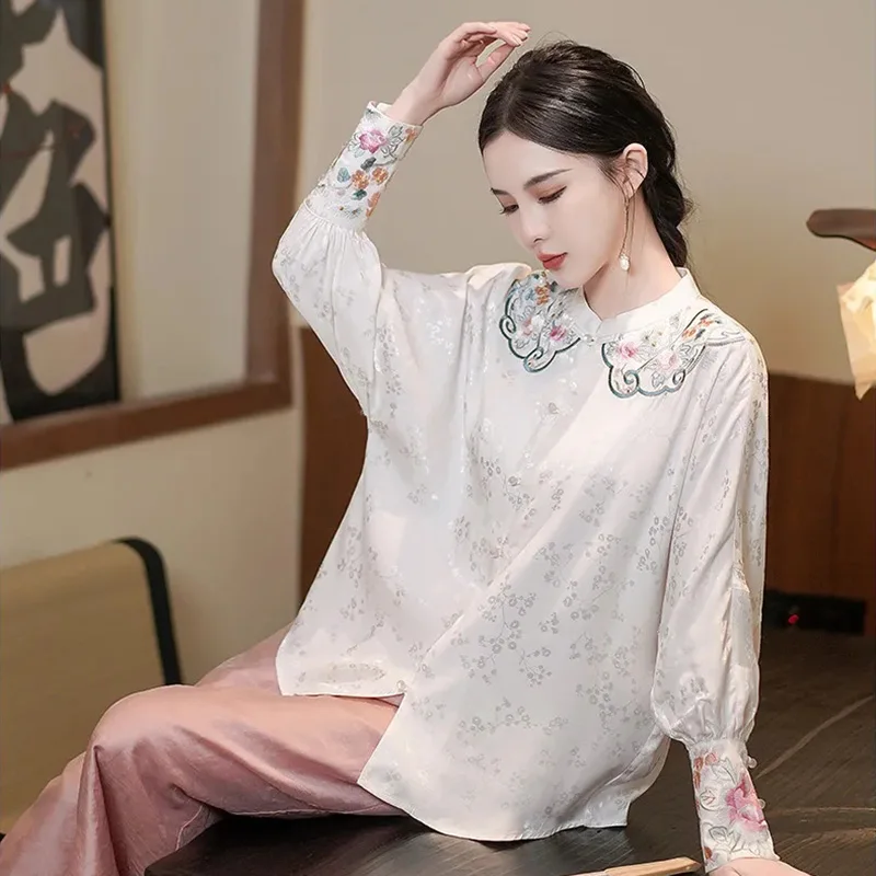 Chinese Style Women\'s Shirt  Embroidery Standing Collar Buckle Tang Clothes Tops Fashion Lady Clothing Loose Long Sleeve