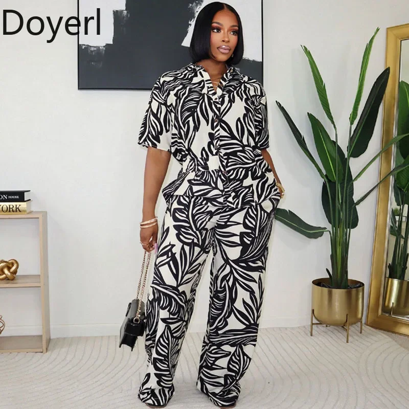 

Leaf Print Summer Casual Two Piece Sets Woman Short Sleeve Button Up Turn-down Collar Shirt Top and Wide Leg Pants Matching Sets