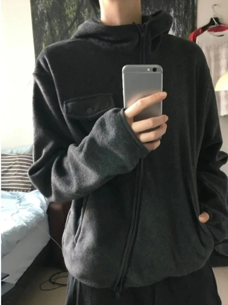 

Harajuku Fashion Color Contrast Jackets Women's Casual Hooded Top Korean Elegant Loose Fit Zipper Sweatshirts Winter Outerwear